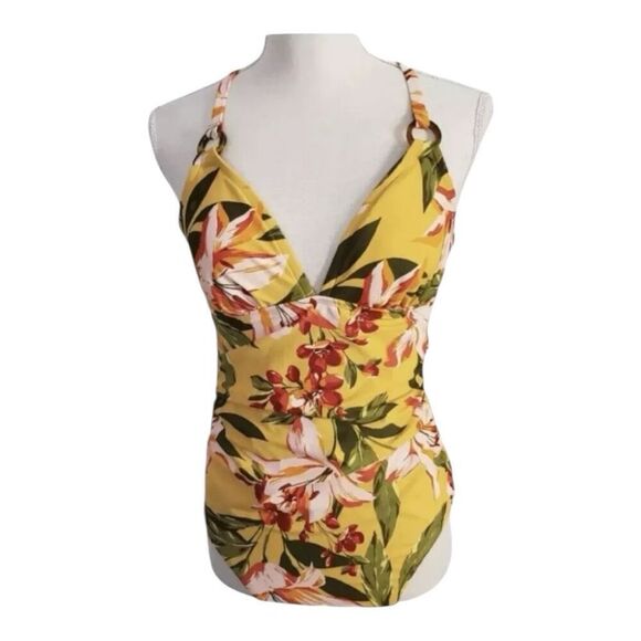 Kona Sol Women's Tortoise Ring High Coverage Swimsuit Yellow Floral Size M - Picture 12 of 13